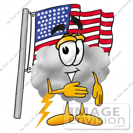 #23369 Clip Art Graphic of a Puffy White Cumulus Cloud Cartoon Character Pledging Allegiance to an American Flag by toons4biz