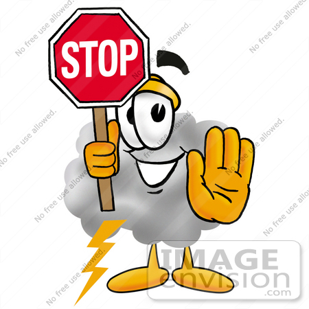 #23371 Clip Art Graphic of a Puffy White Cumulus Cloud Cartoon Character Holding a Stop Sign by toons4biz