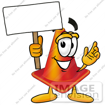 #23373 Clip Art Graphic of a Construction Traffic Cone Cartoon Character Holding a Blank Sign by toons4biz