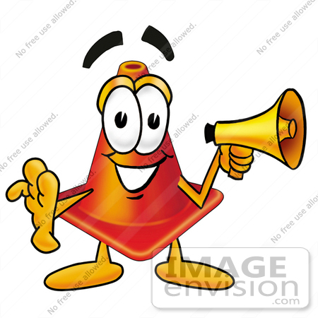#23376 Clip Art Graphic of a Construction Traffic Cone Cartoon Character Holding a Megaphone by toons4biz