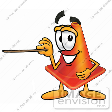 #23378 Clip Art Graphic of a Construction Traffic Cone Cartoon Character Holding a Pointer Stick by toons4biz
