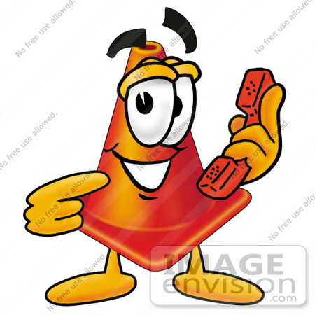 #23379 Clip Art Graphic of a Construction Traffic Cone Cartoon Character Holding a Telephone by toons4biz