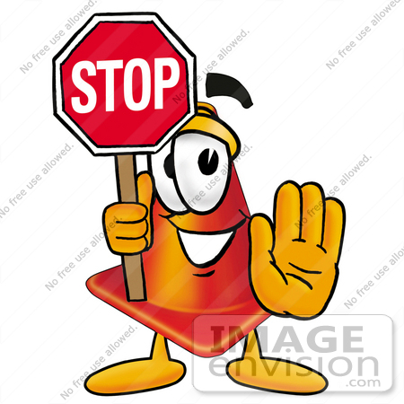 #23380 Clip Art Graphic of a Construction Traffic Cone Cartoon Character Holding a Stop Sign by toons4biz