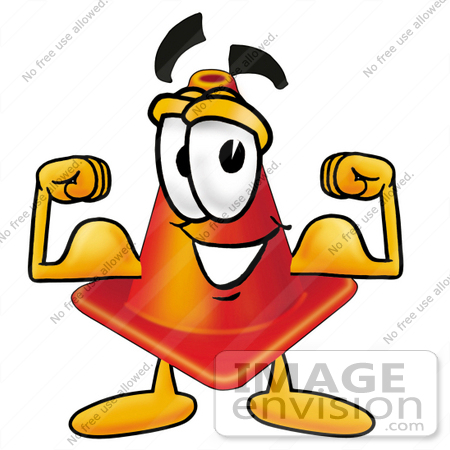#23381 Clip Art Graphic of a Construction Traffic Cone Cartoon Character Flexing His Arm Muscles by toons4biz