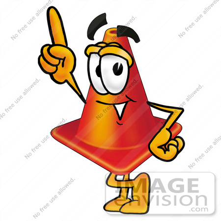 #23382 Clip Art Graphic of a Construction Traffic Cone Cartoon Character Pointing Upwards by toons4biz