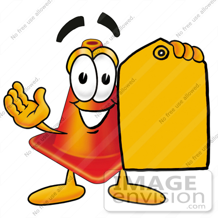 #23383 Clip Art Graphic of a Construction Traffic Cone Cartoon Character Holding a Yellow Sales Price Tag by toons4biz