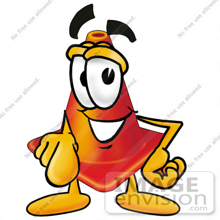 #23385 Clip Art Graphic of a Construction Traffic Cone Cartoon Character Pointing at the Viewer by toons4biz