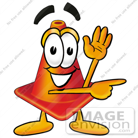 #23386 Clip Art Graphic of a Construction Traffic Cone Cartoon Character Waving and Pointing by toons4biz