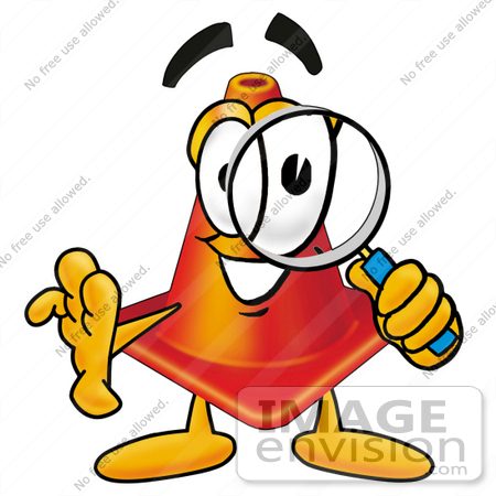 #23387 Clip Art Graphic of a Construction Traffic Cone Cartoon Character Looking Through a Magnifying Glass by toons4biz