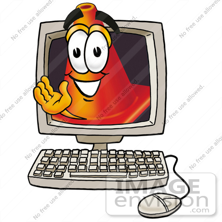 #23389 Clip Art Graphic of a Construction Traffic Cone Cartoon Character Waving From Inside a Computer Screen by toons4biz