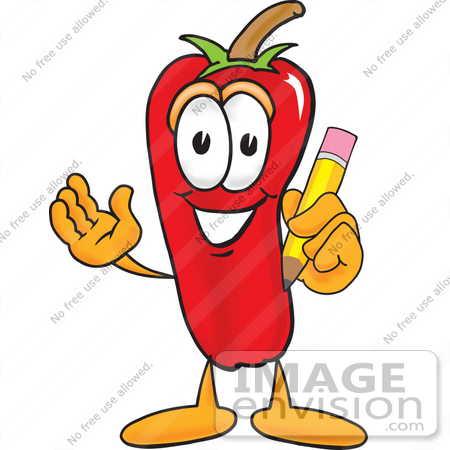 #23390 Clip Art Graphic of a Red Chilli Pepper Cartoon Character Holding a Pencil by toons4biz