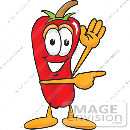 #23391 Clip Art Graphic of a Red Chilli Pepper Cartoon Character Waving and Pointing by toons4biz