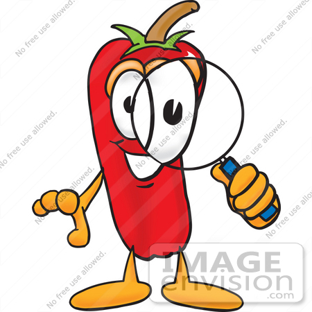 #23393 Clip Art Graphic of a Red Chilli Pepper Cartoon Character Looking Through a Magnifying Glass by toons4biz