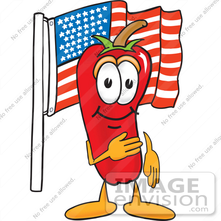 #23395 Clip Art Graphic of a Red Chilli Pepper Cartoon Character Pledging Allegiance to an American Flag by toons4biz