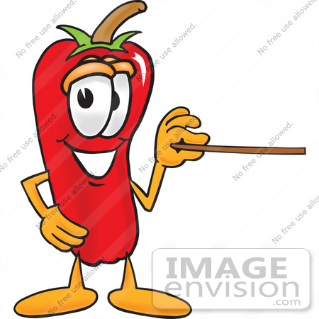 #23397 Clip Art Graphic of a Red Chilli Pepper Cartoon Character Holding a Pointer Stick by toons4biz