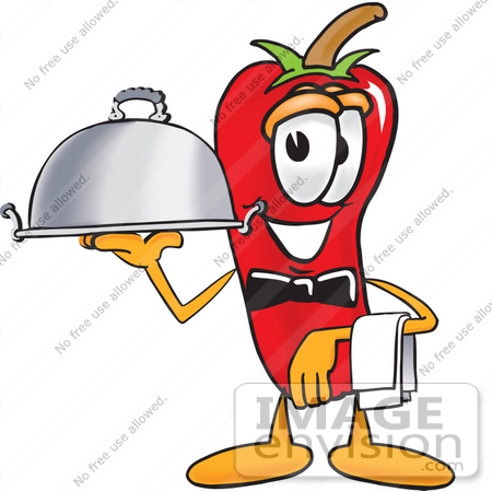 #23398 Clip Art Graphic of a Red Chilli Pepper Cartoon Character Dressed as a Waiter and Holding a Serving Platter by toons4biz