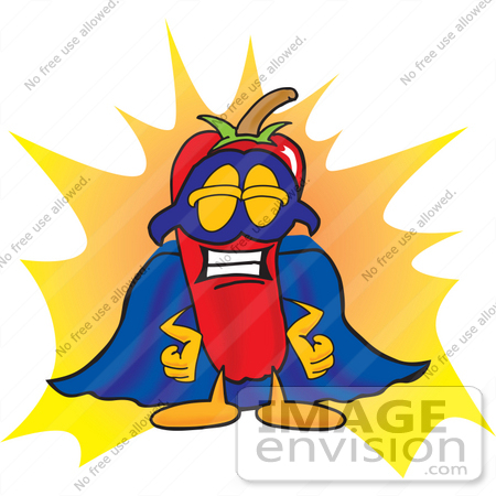 #23401 Clip Art Graphic of a Red Chilli Pepper Cartoon Character Dressed as a Super Hero by toons4biz