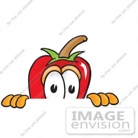 #23402 Clip Art Graphic of a Red Chilli Pepper Cartoon Character Peeking Over a Surface by toons4biz