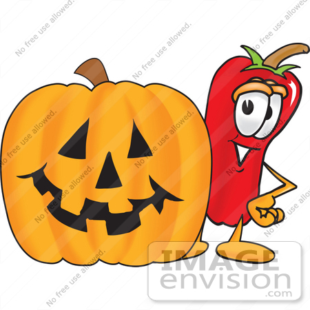 #23404 Clip Art Graphic of a Red Chilli Pepper Cartoon Character With a Carved Halloween Pumpkin by toons4biz