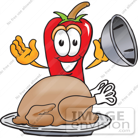 #23408 Clip Art Graphic of a Red Chilli Pepper Cartoon Character Serving a Thanksgiving Turkey on a Platter by toons4biz