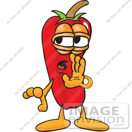 #23409 Clip Art Graphic of a Red Chilli Pepper Cartoon Character Whispering and Gossiping by toons4biz