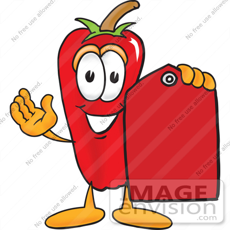 #23410 Clip Art Graphic of a Red Chilli Pepper Cartoon Character Holding a Red Sales Price Tag by toons4biz