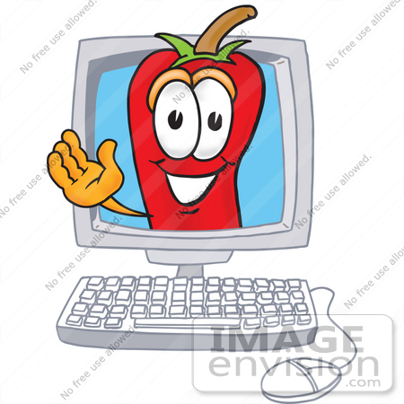 #23411 Clip Art Graphic of a Red Chilli Pepper Cartoon Character Waving From Inside a Computer Screen by toons4biz