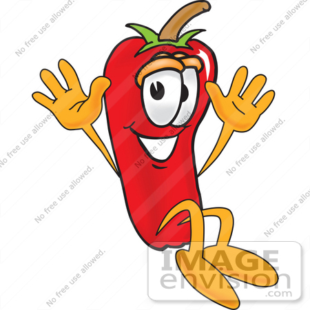 #23412 Clip Art Graphic of a Red Chilli Pepper Cartoon Character Jumping by toons4biz