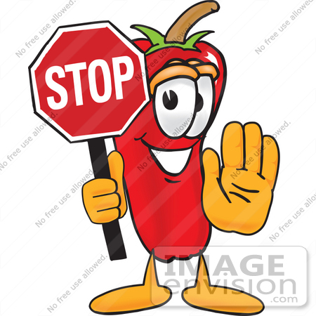 #23413 Clip Art Graphic of a Red Chilli Pepper Cartoon Character Holding a Stop Sign by toons4biz