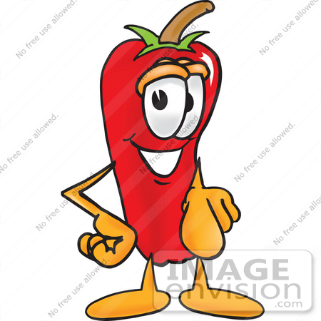 #23415 Clip Art Graphic of a Red Chilli Pepper Cartoon Character Pointing at the Viewer by toons4biz