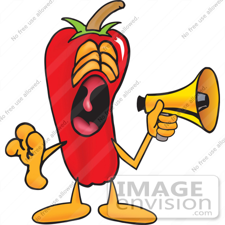 #23417 Clip Art Graphic of a Red Chilli Pepper Cartoon Character Screaming Into a Megaphone by toons4biz