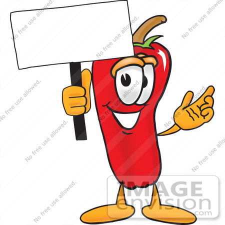 #23418 Clip Art Graphic of a Red Chilli Pepper Cartoon Character Holding a Blank Sign by toons4biz