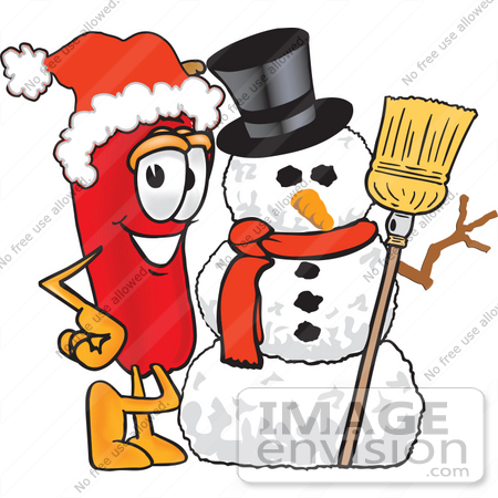 #23419 Clip Art Graphic of a Red Chilli Pepper Cartoon Character With a Snowman on Christmas by toons4biz