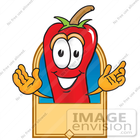 #23423 Clip Art Graphic of a Red Chilli Pepper Cartoon Character Label by toons4biz