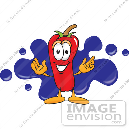 #23424 Clip Art Graphic of a Red Chilli Pepper Cartoon Character Logo With Blue Paint Splatters by toons4biz