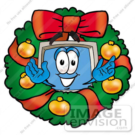 #23427 Clip Art Graphic of a Desktop Computer Cartoon Character in the Center of a Christmas Wreath by toons4biz