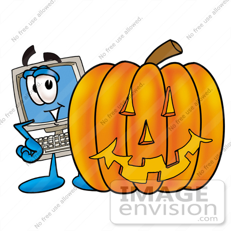 #23428 Clip Art Graphic of a Desktop Computer Cartoon Character With a Carved Halloween Pumpkin by toons4biz