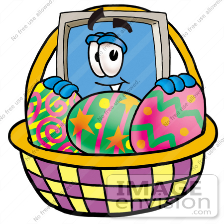 #23429 Clip Art Graphic of a Desktop Computer Cartoon Character in an Easter Basket Full of Decorated Easter Eggs by toons4biz