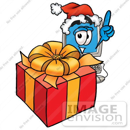 #23430 Clip Art Graphic of a Desktop Computer Cartoon Character Standing by a Christmas Present by toons4biz