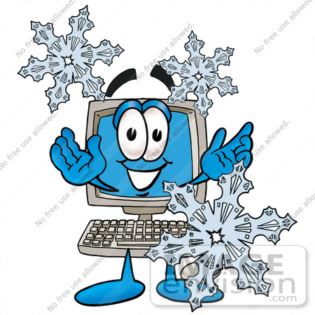 #23433 Clip Art Graphic of a Desktop Computer Cartoon Character With Three Snowflakes in Winter by toons4biz