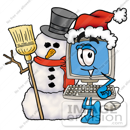 #23441 Clip Art Graphic of a Desktop Computer Cartoon Character With a Snowman on Christmas by toons4biz