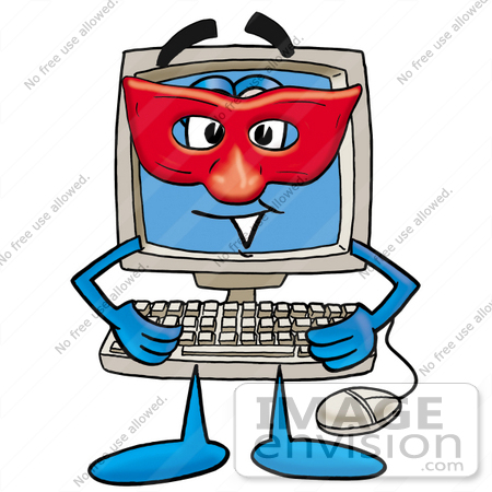 #23442 Clip Art Graphic of a Desktop Computer Cartoon Character Wearing a Red Mask Over His Face by toons4biz