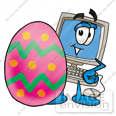 #23443 Clip Art Graphic of a Desktop Computer Cartoon Character Standing Beside an Easter Egg by toons4biz