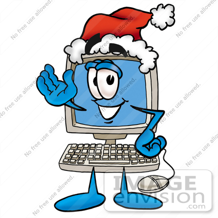 #23445 Clip Art Graphic of a Desktop Computer Cartoon Character Wearing a Santa Hat and Waving by toons4biz