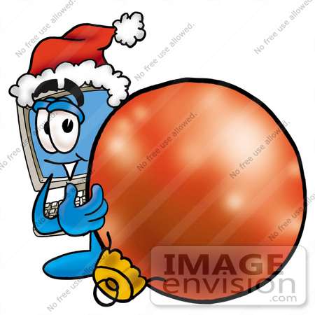 #23446 Clip Art Graphic of a Desktop Computer Cartoon Character Wearing a Santa Hat, Standing With a Christmas Bauble by toons4biz