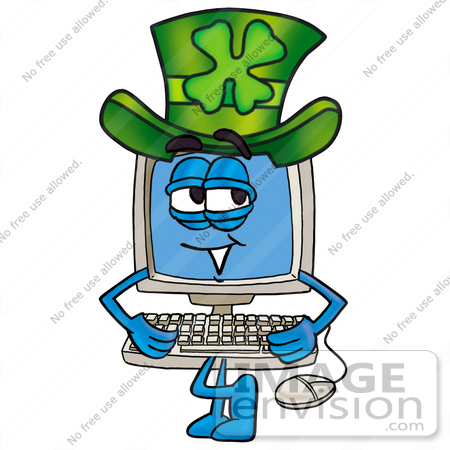 #23447 Clip Art Graphic of a Desktop Computer Cartoon Character Wearing a Saint Patricks Day Hat With a Clover on it by toons4biz