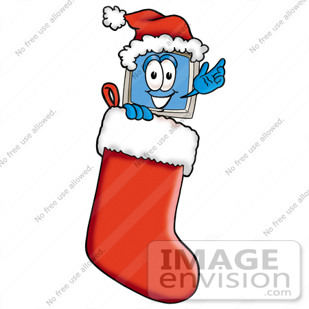 #23448 Clip Art Graphic of a Desktop Computer Cartoon Character Wearing a Santa Hat Inside a Red Christmas Stocking by toons4biz