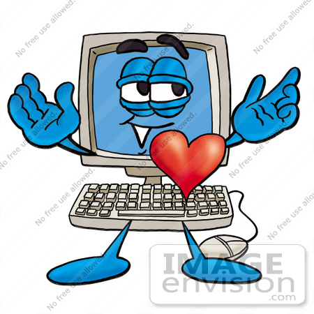 #23450 Clip Art Graphic of a Desktop Computer Cartoon Character With His Heart Beating Out of His Chest by toons4biz
