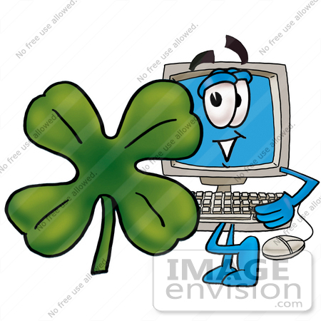 #23451 Clip Art Graphic of a Desktop Computer Cartoon Character With a Green Four Leaf Clover on St Paddy’s or St Patricks Day by toons4biz
