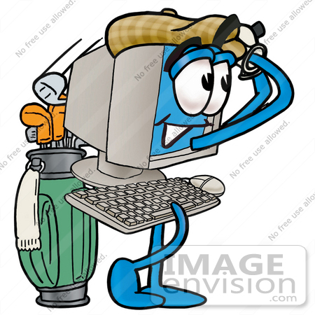#23452 Clip Art Graphic of a Desktop Computer Cartoon Character Swinging His Golf Club While Golfing by toons4biz